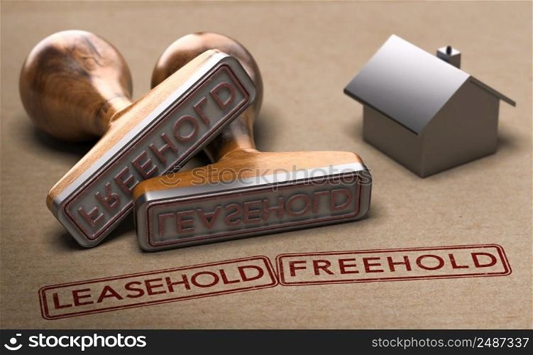 Two words, leasehold and freehold printed on a brown paper with two rubber stamps. 3d illustration.. Leasehold versus freehold ownership.