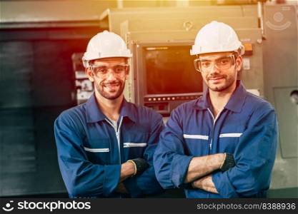 two worker engineer man standing  arm folding smiling with machine in heavy industry factory.