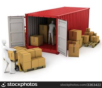 Two workers unload container, isolated on white background