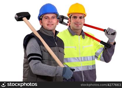 Two workers with tongs and shoulder harness