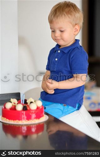 Two year old boy with birthday cake