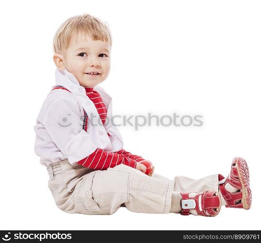 Two years Boy sitting look away isolated on white. Boy look away