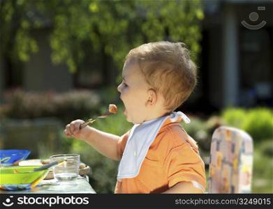Two years old baby boy eating. Family BBQ party outdoor, in the garden.