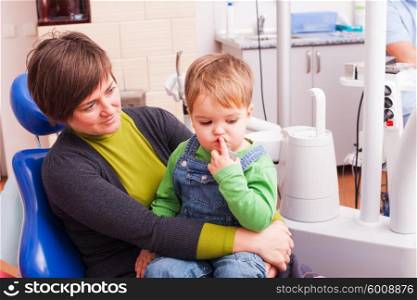 Two years old boy with mom on the first visit in the dental office. The boy in dental office