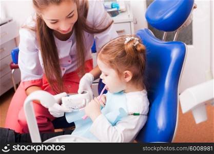 Two years old girl is learning to brush her teeth with toothbrush in hand in the dental office. The girl in dental office