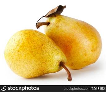 Two yellow pears with leaf isolated on white background