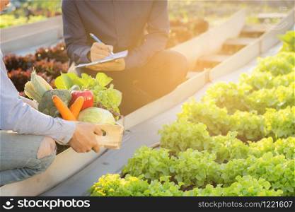 Two young asian man checking and picking up organic fresh vegetable in hydroponic farm and writing record document grow of leaf for quality produce, small business owner concept.