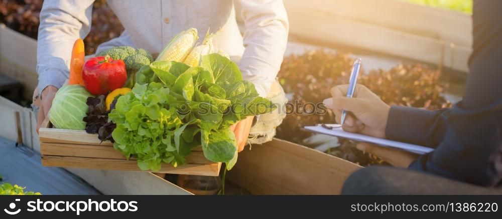 Two young asian man checking and picking up organic fresh vegetable in hydroponic farm and writing record document grow of leaf for quality produce, small business owner concept, banner website.