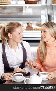 Two young attractive girls communicate in cafe