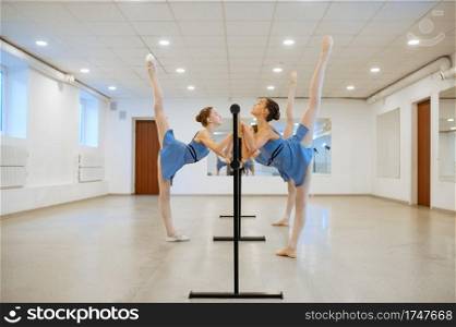 Two young ballerinas rehearsing at the barre in class. Ballet school, female dancers on choreography lesson, girls practicing grace dance. Two young ballerinas rehearsing at barre in class