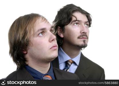 two young business men portrait on white. focus on the left man