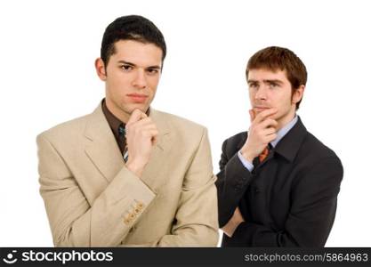 two young business men portrait on white, focus on the left man
