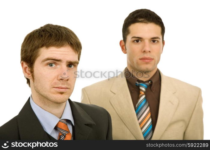 two young business men portrait on white, focus on the left man