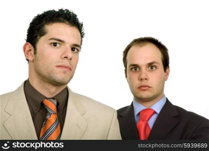 two young business men portrait on white, focus on the left man