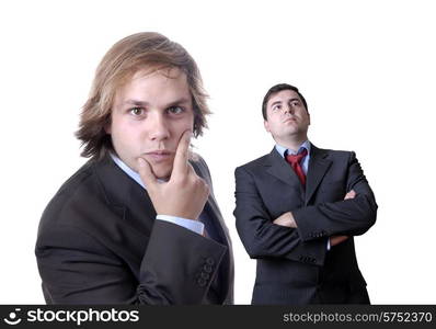 two young business men portrait on white. focus on the man of the right