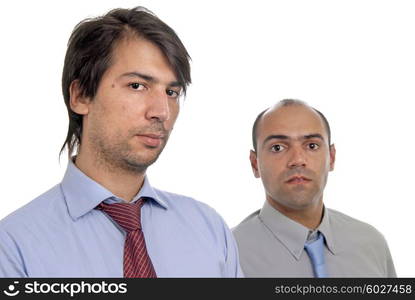 two young business men portrait on white. focus on the right man