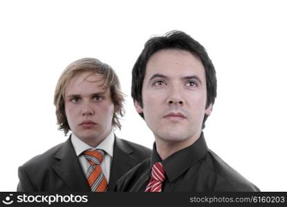 two young business men portrait on white. focus on the right man
