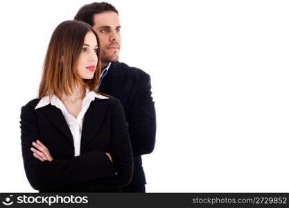 Two young business people on a white background