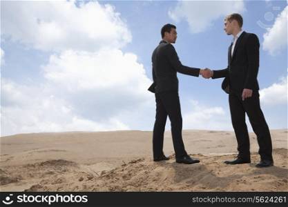 Two young businessmen shaking hands in the middle of the desert, full length
