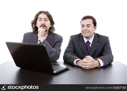 two young businessmen working, isolated on white