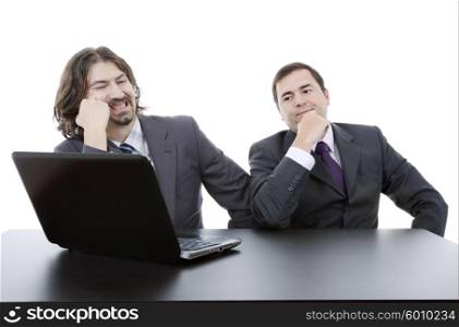 two young businessmen working, isolated on white