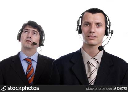 two young call center men talking by the phone