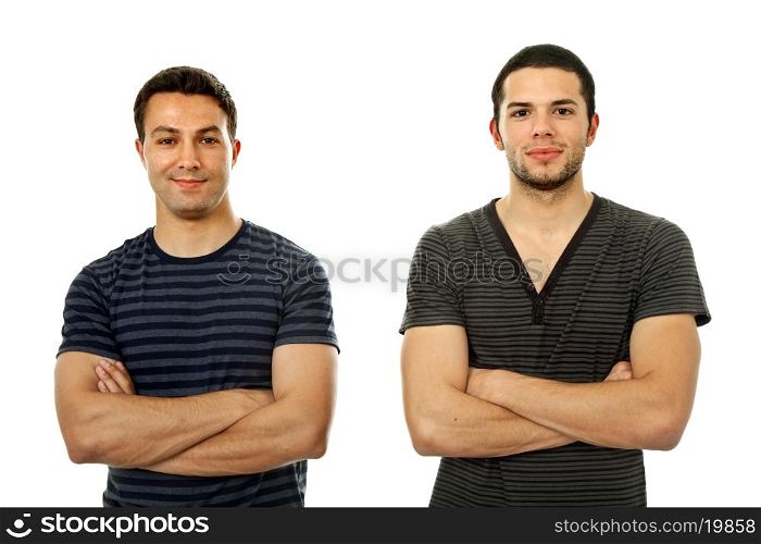 two young casual men portrait, isolated on white