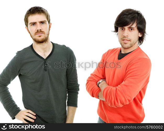 two young casual men portrait, isolated on white