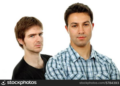 two young casual men portrait, isolated on white