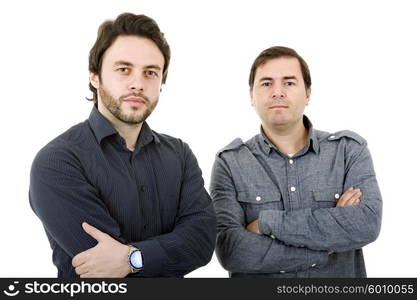 two young casual men portrait, isolated on white