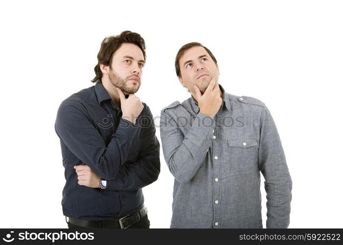 two young casual men thinking, isolated on white