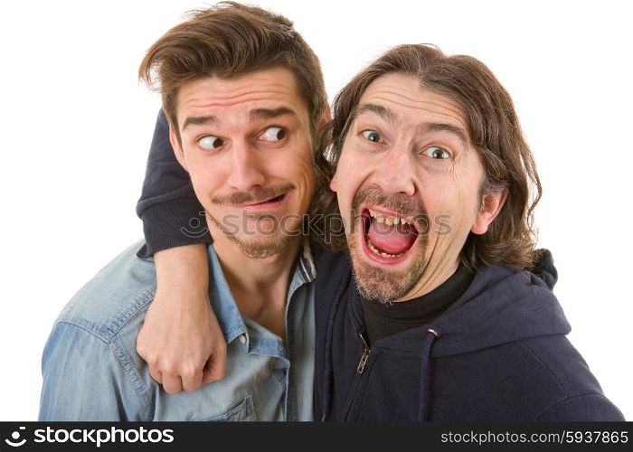 two young casual silly men, isolated on white
