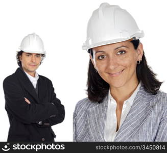 Two young engineers a over white background