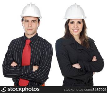 Two young engineers a over white background