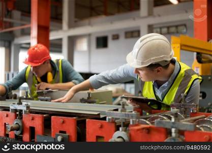 Two young engineers Testing and verifying the operation of the machines forming metal sheet tiles in the factory