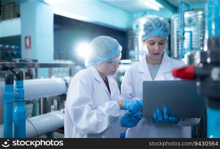 Two young female scientists working with tablet computer in drinking water plant