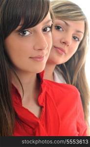two young girl lesbian friend isolated happy on white background