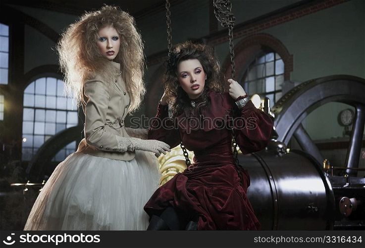 Two young girls as a old fashioned women