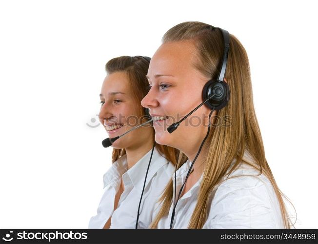 two young girls Operator call center isolated on white