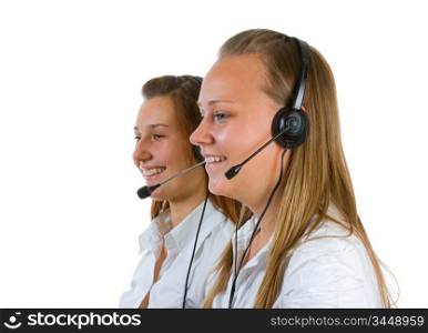 two young girls Operator call center isolated on white