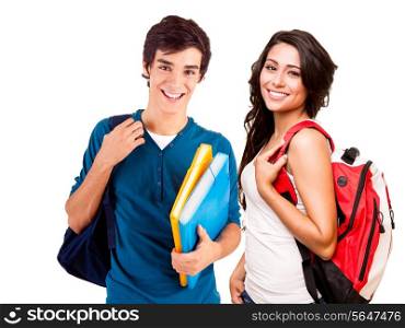 Two young happy students over white background