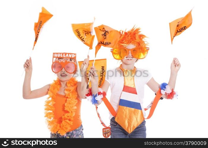 two young holland supportrers in orange outfit against white background
