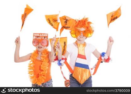 two young holland supportrers in orange outfit against white background