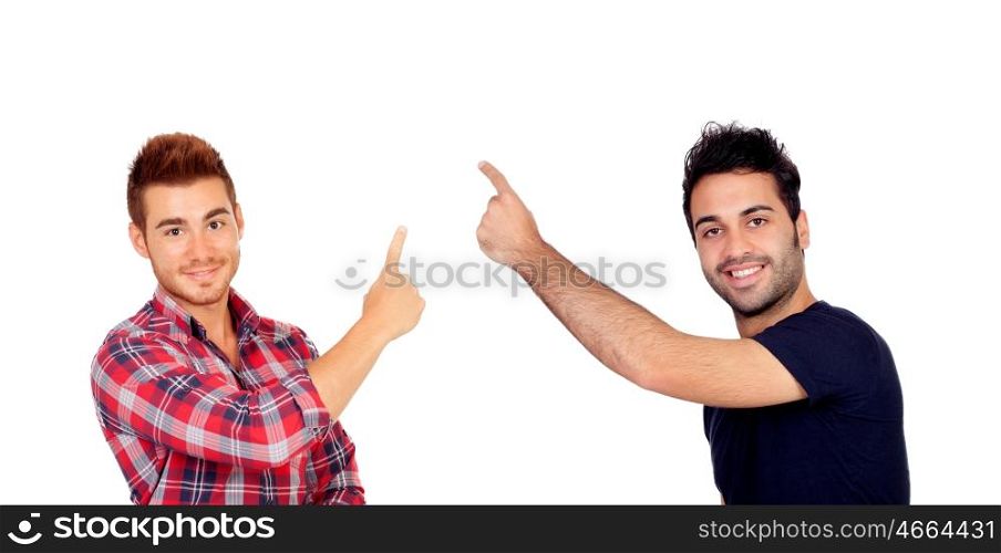 Two young male friends pressing something with his fingers isolated on a white background