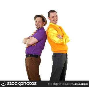 two young man in bright colour wear in retro style