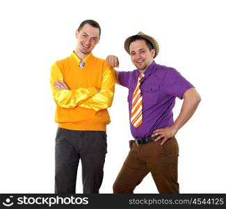 two young man in bright colour wear in retro style