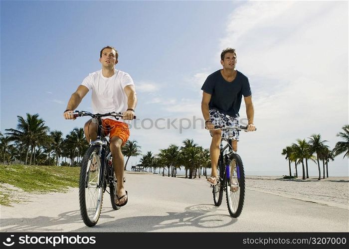 Two young men cycling on the road