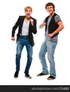 Two young men dancing on white background &#xA;