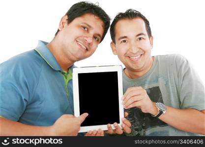 Two young men or businessmen showing a tablet PC computer and smiling