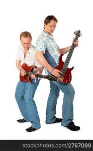 Two young men play on guitars